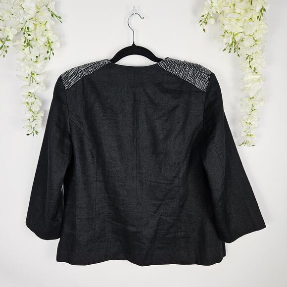 Chicos Black Linen Blend Blazer Sz 2 Large Silver Chain Collar Edgy Chic Office - Picture 2 of 11